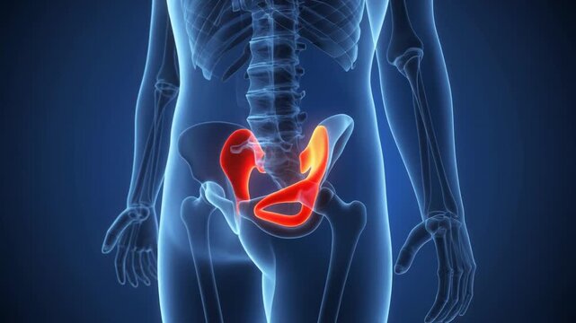 Medical visualization of human skeletal system focusing on pelvic region with ilium bones highlighted in red to represent pain or inflammation.
