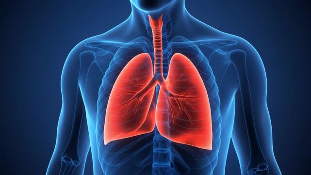 Human respiratory system anatomy 3D illustration highlighting red lungs and trachea within a blue translucent torso.
