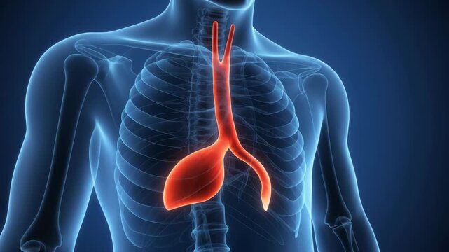 Human respiratory system anatomy showing the trachea and bronchi highlighted in red within a semi-transparent blue male body torso.