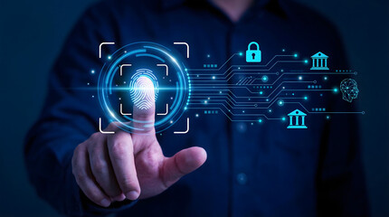 A persons finger interacts with a glowing digital fingerprint for secure identity verification and access on a modern blue tech in
