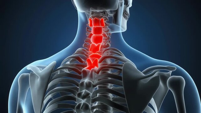 Human skeleton with highlighted red cervical spine indicating neck pain and inflammation.