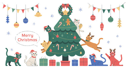Festive Christmas Tree Decorated with Ornaments and Adorable Cats Wearing Santa Hats and Reindeer Antlers