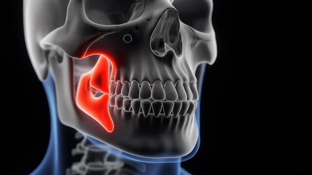 Side view of human skull anatomy with glowing red area on mandible indicating temporomandibular joint disorder or jaw pain.