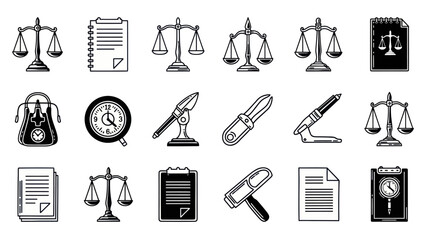 Fototapeta premium Legal and law elements in monochrome vector illustration set