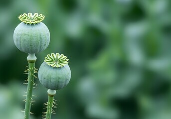 Two Unripe Green Poppy Seed Pods Papaver Somniferum with Spiky Stems on Blurred Natural Background