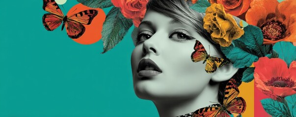 A vibrant, artistic portrait of a woman adorned with butterflies and flowers against a bold turquoise background.