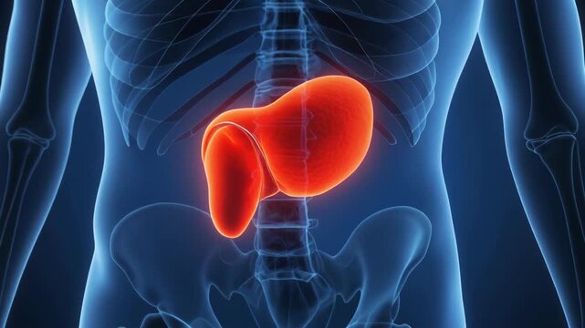 Medical visualization of human stomach glowing red inside blue skeletal torso representing digestive anatomy.
