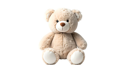 Fototapeta premium A fluffy, tan teddy bear sits against a solid black background, smiling
