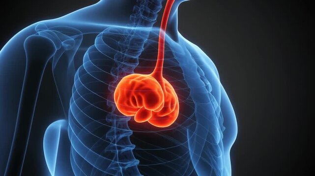 3D medical illustration of human thymus gland glowing red inside blue transparent torso.