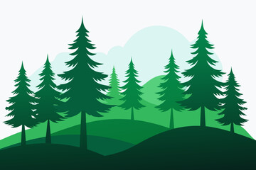 Fototapeta premium Forest Hill Landscape Vector with Pine Trees