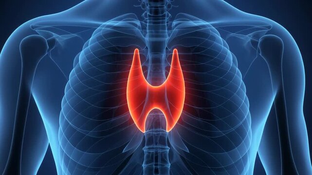 Medical visualization of human thymus gland highlighted red within blue transparent torso showing skeletal structure and thoracic cavity anatomy.
