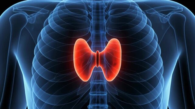 Medical visualization of glowing red thymus gland situated within transparent blue human torso skeleton.