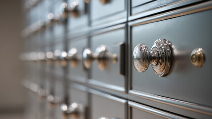 Vault of Security: A collection of polished metallic drawers, the epitome of security, stands as a testament to the safety and the safeguarding of valuable assets.