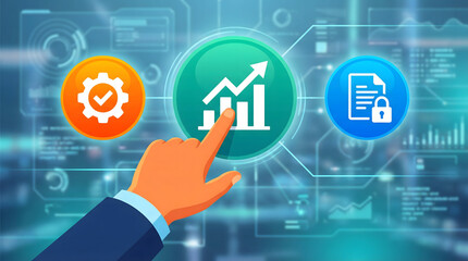 Professional hand interacts with a digital business growth chart icon on a futuristic blue green interface symbolizing data analys