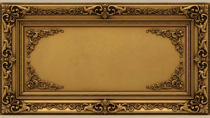 Obraz premium A rich golden antique picture frame with elaborate carved floral details and a textured center canvas