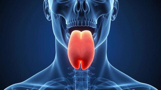 Anatomical 3D visualization of the human tongue muscle highlighted in red within a transparent blue skull structure for medical education.