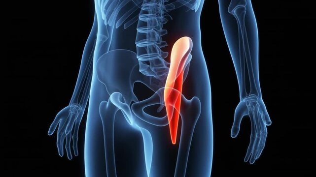 3D medical visualization highlighting the Iliacus muscle within the human skeletal system.