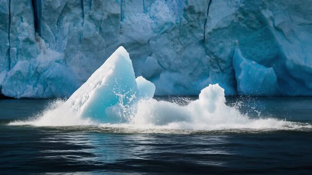 Blue glacier ice chunk calving and splashing into dark ocean water