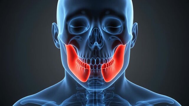 Medical 3D illustration of human skull with Masseter muscles highlighted red representing jaw pain, TMJ disorders, or anatomical structure.