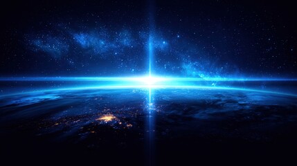 Fototapeta premium A stunning view of Earth from space, illuminated by cosmic light, surrounded by a vast starry sky, conveying a sense of wonder and the beauty of the universe.