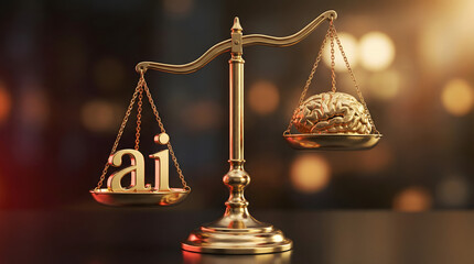 A shiny golden justice scale perfectly balances artificial intelligence letters against a detailed human brain in a dimly lit abst
