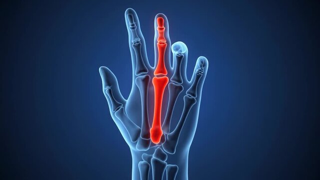 3D medical illustration of human hand x-ray highlighting inflammation and pain in the middle finger bones.