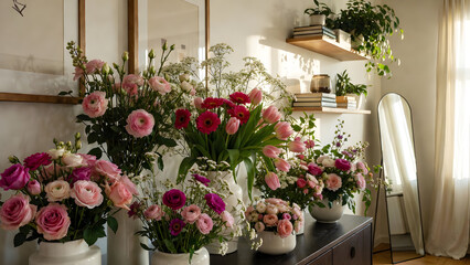 Fototapeta premium Cozy Home Interior with Fresh Flower Arrangements and Natural Light