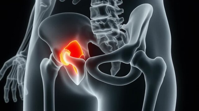 Medical visualization of the human skeleton highlighting the pubis bone in red to indicate pelvic pain or inflammation.