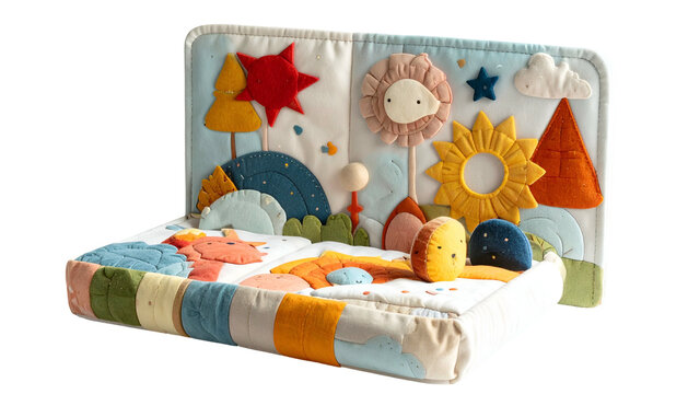 Soft, open, fabric activity book with colorful, felted landscape elements for babies