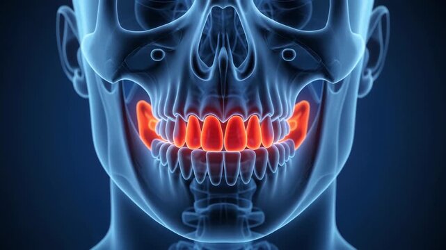 Medical illustration of human skull highlighting inflamed upper teeth and maxilla area.