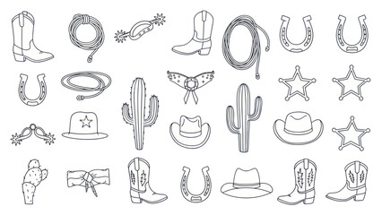 Wild West Cowboy Icon Set: Boots, Hats, Cactus, Lasso, Horseshoe, Sheriff Star