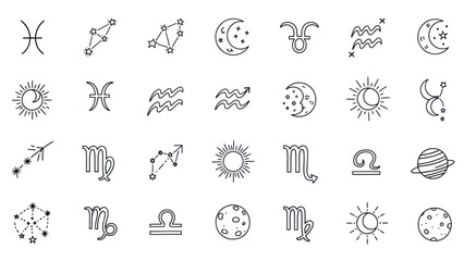 Fototapeta premium Zodiac Signs Constellations Moon Sun Icons Set - Astrology Symbols Vector Art