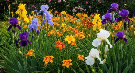 Obraz premium A Vibrant Garden Display of Irises and Daylilies in Full Bloom.