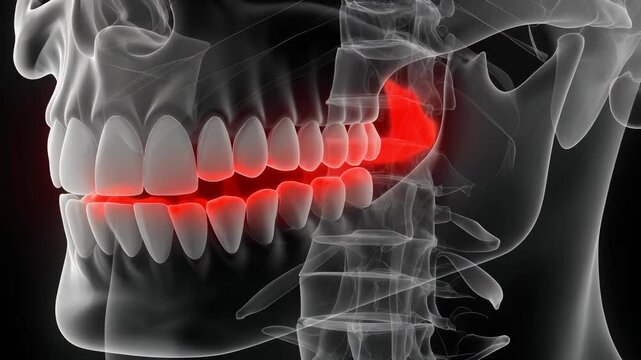 Medical X-ray illustration of human skull highlighting gum inflammation and dental pain in the jaw and teeth area.
