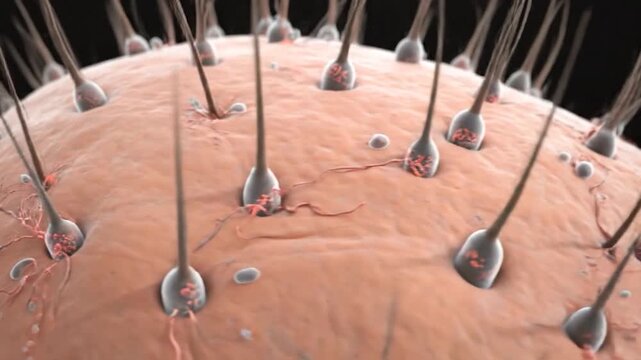 3D rendered microscopic illustration of skin surface with hair follicles and blood vessels