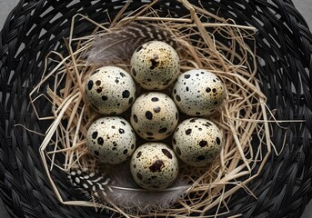 Seven Spotted Quail Eggs in Straw Nest Inside Black Wicker Basket Top View Background