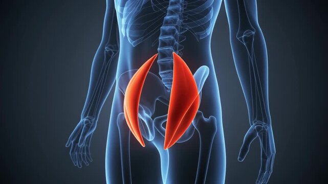 Medical 3D illustration showing Psoas major muscles highlighted red on a translucent blue human skeleton anterior view.