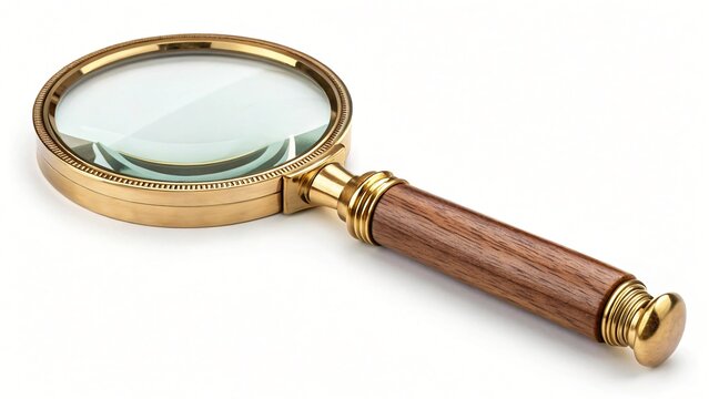 A single antique magnifying glass tool with a black handle and optical zoom lens is isolated on a white background as a discovery instrument for searching and focus