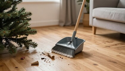 Removing Christmas tree debris from wooden parquet flooring using broom and scoop, holiday cleanup process, created with generative ai