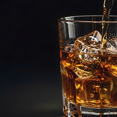 Professional Pouring of Dark Amber Whiskey into a Glass with Cold Ice Cubes on Black Background