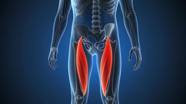Medical visualization of the human skeletal system highlighting the Rectus Femoris muscles on the anterior thigh.