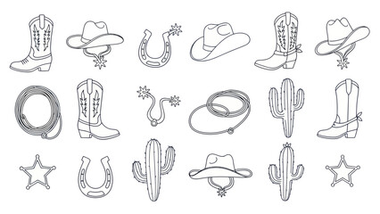 Obraz premium Western Cowboy Elements Collection: Boots, Hats, Cacti, Horseshoes, Lasso, Sheriff Star