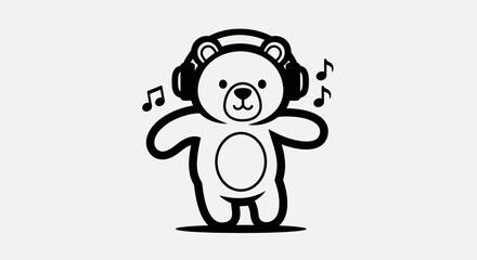 Naklejka premium Cartoon bear with headphones and musical notes
