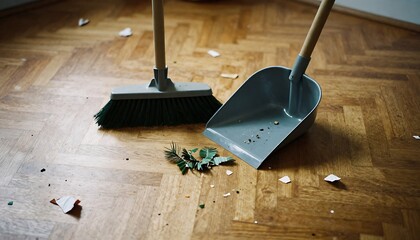Removing Christmas tree debris from wooden parquet flooring using broom and scoop, holiday cleanup process, created with generative ai