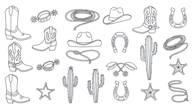 Western Cowboy Elements Collection: Boots, Hats, Horseshoes, Cacti, Lasso & Stars