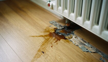 Water damage on laminate flooring caused by a heating pipe leak, highlighting repair procedures, created with generative ai