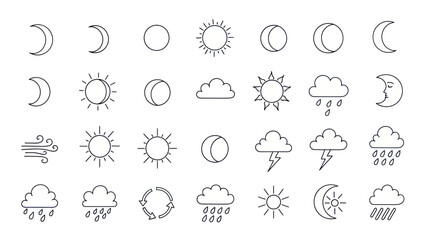 Fototapeta premium Weather Icons Collection: Sun, Moon, Clouds, Rain, Wind, Lightning, Cycle