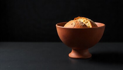 Bread and a clay chalice placed against a smooth black surface, used for visual design or layout backgrounds, created with generative ai