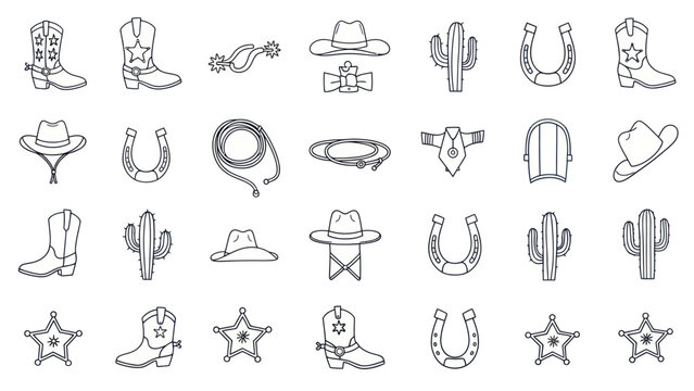 Western Cowboy Icons: Boots, Hats, Horseshoes, Cacti, Lasso, Sheriff Star