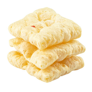 Fried keropok lekor from malaysia, a popular street food made from ground fish and sago flour, isolated on a clean white background